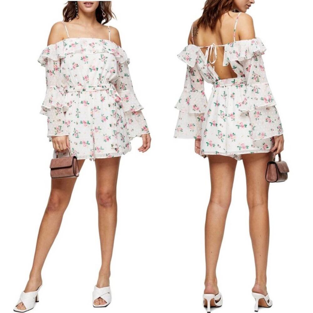 Topshop Floral Rose Swiss Dot Bardot Long Ruffle Sleeve Cold Shoulder Romper 6